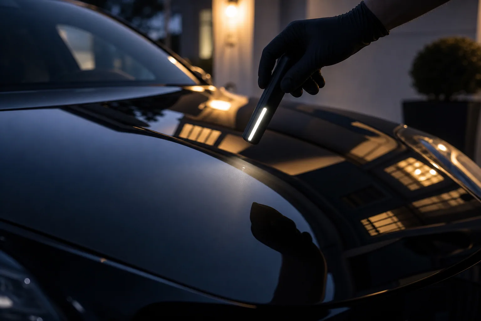 Detailer inspecting polished black paint with a handheld inspection light