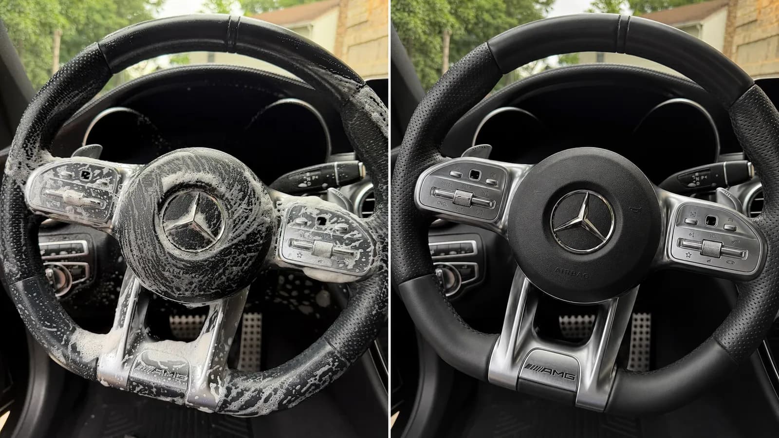 Before and after comparison of a Mercedes-AMG steering wheel cleaning