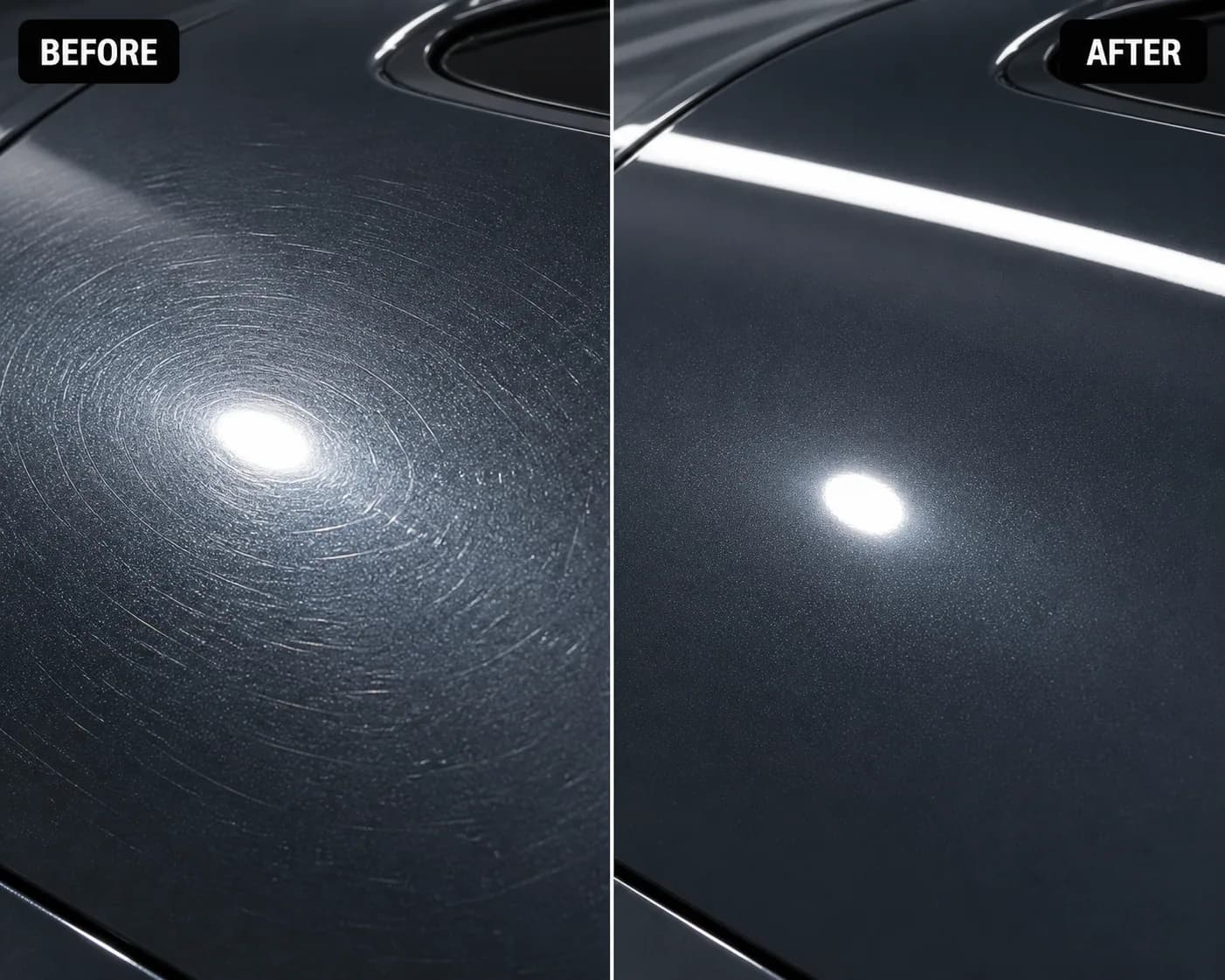 Before and after comparison showing improved clarity in dark automotive paint