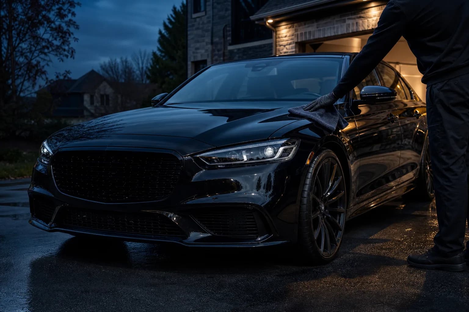 DMV Luxury Detail technician hand-finishing a black luxury sedan in a customer's driveway at dusk